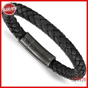 Stainless Steel Black Leather Braided Bracelet 8.25 Inches Unisex